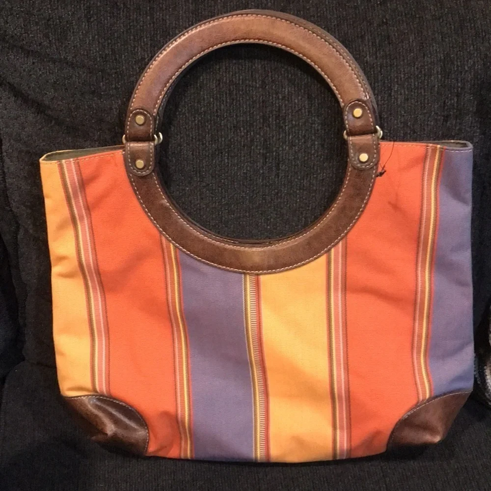 NWOT Nine West Striped Canvas Hobo Tote w/Faux Leather Trim